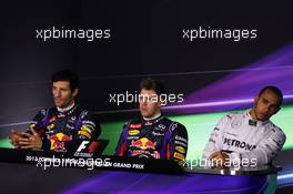 The top three qualifiers in the FIA Press Conference (L to R): Mark Webber (AUS) Red Bull Racing, second; Sebastian Vettel (GER) Red Bull Racing, pole position; Lewis Hamilton (GBR) Mercedes AMG F1, third. 17.03.2013. Formula 1 World Championship, Rd 1, Australian Grand Prix, Albert Park, Melbourne, Australia, Race Day.