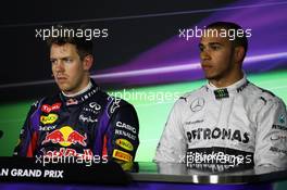 (L to R): Pole sitter Sebastian Vettel (GER) Red Bull Racing and Lewis Hamilton (GBR) Mercedes AMG F1 in the FIA Press Conference. 17.03.2013. Formula 1 World Championship, Rd 1, Australian Grand Prix, Albert Park, Melbourne, Australia, Race Day.