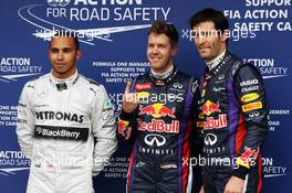 The top three qualifiers in Parc Ferme (L to R): Lewis Hamilton (GBR) Mercedes AMG F1, third; Sebastian Vettel (GER) Red Bull Racing, pole position; Mark Webber (AUS) Red Bull Racing, second. 17.03.2013. Formula 1 World Championship, Rd 1, Australian Grand Prix, Albert Park, Melbourne, Australia, Race Day.