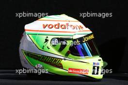 The helmet of Sergio Perez (MEX) McLaren. 14.03.2013. Formula 1 World Championship, Rd 1, Australian Grand Prix, Albert Park, Melbourne, Australia, Preparation Day.
