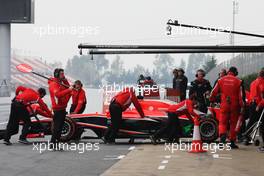 Max Chilton (GBR) Marussia F1 Team MR02 in the pits. 21.02.2013. Formula One Testing, Day Three, Barcelona, Spain.