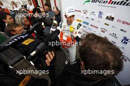 Adrian Sutil (GER) Sahara Force India F1 with the media. 21.02.2013. Formula One Testing, Day Three, Barcelona, Spain.