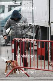 Lewis Hamilton (GBR) Mercedes AMG F1 with his dog Roscoe. 21.02.2013. Formula One Testing, Day Three, Barcelona, Spain.