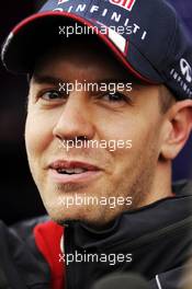 Sebastian Vettel (GER) Red Bull Racing with the media. 01.03.2013. Formula One Testing, Day Two, Barcelona, Spain.