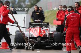Max Chilton (GBR) Marussia F1 Team MR02 in the pits. 01.03.2013. Formula One Testing, Day Two, Barcelona, Spain.