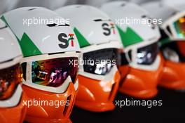 Sahara Force India F1 Team mechanics' helmets. 02.03.2013. Formula One Testing, Day Three, Barcelona, Spain.