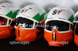 Sahara Force India F1 Team mechanics' helmets. 02.03.2013. Formula One Testing, Day Three, Barcelona, Spain.