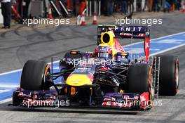 Mark Webber (AUS) Red Bull Racing RB9 running sensor equipment. 02.03.2013. Formula One Testing, Day Three, Barcelona, Spain.