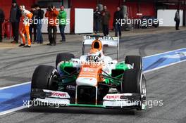 Adrian Sutil (GER) Sahara Force India VJM06 leaves the pits. 02.03.2013. Formula One Testing, Day Three, Barcelona, Spain.