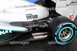 Mercedes AMG F1 W04 rear suspension and exhaust detail. 28.02.2013. Formula One Testing, Day One, Barcelona, Spain.