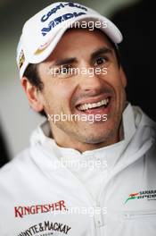 Adrian Sutil (GER) Sahara Force India F1 with the media. 28.02.2013. Formula One Testing, Day One, Barcelona, Spain.