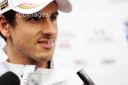 Adrian Sutil (GER) Sahara Force India F1 with the media. 28.02.2013. Formula One Testing, Day One, Barcelona, Spain.