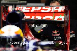 Jean-Eric Vergne (FRA) Scuderia Toro Rosso STR8 with flow-vis paint added to his rear wing. 28.02.2013. Formula One Testing, Day One, Barcelona, Spain.