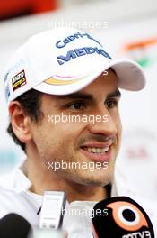 Adrian Sutil (GER) Sahara Force India F1 with the media. 28.02.2013. Formula One Testing, Day One, Barcelona, Spain.