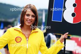Grid girl. 25.08.2013. Formula 1 World Championship, Rd 11, Belgian Grand Prix, Spa Francorchamps, Belgium, Race Day.