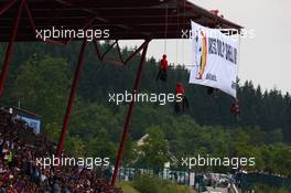 Greenpeace protest against race title sponsors Shell at the main grandstand. 25.08.2013. Formula 1 World Championship, Rd 11, Belgian Grand Prix, Spa Francorchamps, Belgium, Race Day.