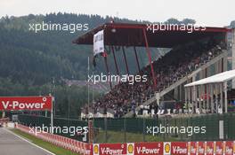 Greenpeace make a protest against race title sponsors Shell on the roof of the main grandstand. 25.08.2013. Formula 1 World Championship, Rd 11, Belgian Grand Prix, Spa Francorchamps, Belgium, Race Day.