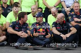 Race winner Sebastian Vettel (GER) Red Bull Racing celebrates with Christian Horner (GBR) Red Bull Racing Team Principal (Left), Adrian Newey (GBR) Red Bull Racing Chief Technical Officer (Right), and the team. 25.08.2013. Formula 1 World Championship, Rd 11, Belgian Grand Prix, Spa Francorchamps, Belgium, Race Day.