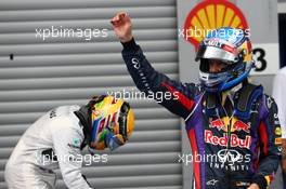 Lewis Hamilton (GBR) Mercedes AMG F1 and Sebastian Vettel (GER) Red Bull Racing. 25.08.2013. Formula 1 World Championship, Rd 11, Belgian Grand Prix, Spa Francorchamps, Belgium, Race Day.