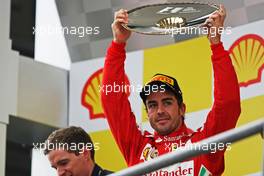 Fernando Alonso (ESP) Ferrari celebrates his second position on the podium. 25.08.2013. Formula 1 World Championship, Rd 11, Belgian Grand Prix, Spa Francorchamps, Belgium, Race Day.