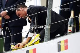 Greenpeace make a protest against race title sponsors Shell at the podium. 25.08.2013. Formula 1 World Championship, Rd 11, Belgian Grand Prix, Spa Francorchamps, Belgium, Race Day.