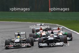(L to R): Esteban Gutierrez (MEX) Sauber C32 and Pastor Maldonado (VEN) Williams FW35 battle for position with Adrian Sutil (GER) Sahara Force India VJM06, Paul di Resta (GBR) Sahara Force India VJM06 and Nico Hulkenberg (GER) Sauber C32. 25.08.2013. Formula 1 World Championship, Rd 11, Belgian Grand Prix, Spa Francorchamps, Belgium, Race Day.