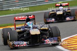 Jean-Eric Vergne (FRA) Scuderia Toro Rosso STR8 leads team mate Daniel Ricciardo (AUS) Scuderia Toro Rosso STR8. 25.08.2013. Formula 1 World Championship, Rd 11, Belgian Grand Prix, Spa Francorchamps, Belgium, Race Day.