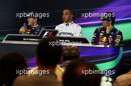 The qualifying FIA Press Conference (L to R): Sebastian Vettel (GER) Red Bull Racing, second; Lewis Hamilton (GBR) Mercedes AMG F1, pole position; Mark Webber (AUS) Red Bull Racing, third. 24.08.2013. Formula 1 World Championship, Rd 11, Belgian Grand Prix, Spa Francorchamps, Belgium, Qualifying Day.