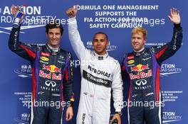 Pole for Lewis Hamilton (GBR) Mercedes AMG F1, 2nd for Sebastian Vettel (GER) Red Bull Racing and 3rd for Mark Webber (AUS) Red Bull Racing. 24.08.2013. Formula 1 World Championship, Rd 11, Belgian Grand Prix, Spa Francorchamps, Belgium, Qualifying Day.