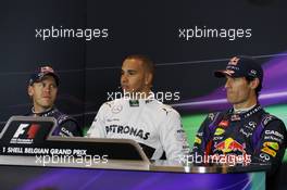 The qualifying FIA Press Conference (L to R): Sebastian Vettel (GER) Red Bull Racing, second; Lewis Hamilton (GBR) Mercedes AMG F1, pole position; Mark Webber (AUS) Red Bull Racing, third. 24.08.2013. Formula 1 World Championship, Rd 11, Belgian Grand Prix, Spa Francorchamps, Belgium, Qualifying Day.