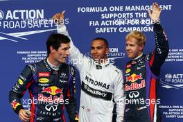 Qualifying parc ferme (L to R): Mark Webber (AUS) Red Bull Racing, third; Lewis Hamilton (GBR) Mercedes AMG F1, pole position; Sebastian Vettel (GER) Red Bull Racing, second. 24.08.2013. Formula 1 World Championship, Rd 11, Belgian Grand Prix, Spa Francorchamps, Belgium, Qualifying Day.