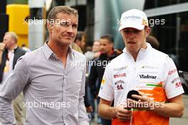 (L to R): David Coulthard (GBR) Red Bull Racing and Scuderia Toro Advisor / BBC Television Commentator with Paul di Resta (GBR) Sahara Force India F1. 24.08.2013. Formula 1 World Championship, Rd 11, Belgian Grand Prix, Spa Francorchamps, Belgium, Qualifying Day.