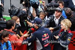 Mark Webber (AUS) Red Bull Racing with the media. 24.08.2013. Formula 1 World Championship, Rd 11, Belgian Grand Prix, Spa Francorchamps, Belgium, Qualifying Day.