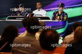 The qualifying FIA Press Conference (L to R): Sebastian Vettel (GER) Red Bull Racing, second; Lewis Hamilton (GBR) Mercedes AMG F1, pole position; Mark Webber (AUS) Red Bull Racing, third. 24.08.2013. Formula 1 World Championship, Rd 11, Belgian Grand Prix, Spa Francorchamps, Belgium, Qualifying Day.