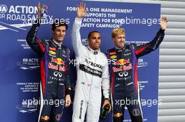 Qualifying parc ferme (L to R): Mark Webber (AUS) Red Bull Racing, third; Lewis Hamilton (GBR) Mercedes AMG F1, pole position; Sebastian Vettel (GER) Red Bull Racing, second. 24.08.2013. Formula 1 World Championship, Rd 11, Belgian Grand Prix, Spa Francorchamps, Belgium, Qualifying Day.
