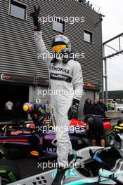 Lewis Hamilton (GBR) Mercedes AMG F1 W04 celebrates his pole position in parc ferme. 24.08.2013. Formula 1 World Championship, Rd 11, Belgian Grand Prix, Spa Francorchamps, Belgium, Qualifying Day.