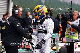 Lewis Hamilton (GBR) Mercedes AMG F1 celebrates his pole position in parc ferme. 24.08.2013. Formula 1 World Championship, Rd 11, Belgian Grand Prix, Spa Francorchamps, Belgium, Qualifying Day.