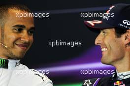 (L to R): Lewis Hamilton (GBR) Mercedes AMG F1 and Mark Webber (AUS) Red Bull Racing in the FIA Press Conference. 24.08.2013. Formula 1 World Championship, Rd 11, Belgian Grand Prix, Spa Francorchamps, Belgium, Qualifying Day.