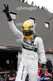 Lewis Hamilton (GBR) Mercedes AMG F1 celebrates his pole position in parc ferme. 24.08.2013. Formula 1 World Championship, Rd 11, Belgian Grand Prix, Spa Francorchamps, Belgium, Qualifying Day.