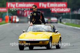 Romain Grosjean (FRA) Lotus F1 Team on the drivers parade. 25.08.2013. Formula 1 World Championship, Rd 11, Belgian Grand Prix, Spa Francorchamps, Belgium, Race Day.