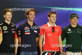 Romain Grosjean (FRA), Lotus F1 Team, Jean-Eric Vergne (FRA), Scuderia Toro Rosso, Jules Bianchi (FRA), Marussia Formula One Team  and Charles Pic (FRA), Catheram Formula One Team at the press conference. 22.08.2013. Formula 1 World Championship, Rd 11, Belgian Grand Prix, Spa Francorchamps, Belgium, Preparation Day.