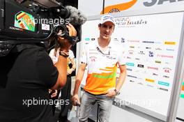 Adrian Sutil (GER) Sahara Force India F1 with the media. 22.08.2013. Formula 1 World Championship, Rd 11, Belgian Grand Prix, Spa Francorchamps, Belgium, Preparation Day.