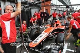 Max Chilton (GBR) Marussia F1 Team MR02 practices pit stops with the team. 22.08.2013. Formula 1 World Championship, Rd 11, Belgian Grand Prix, Spa Francorchamps, Belgium, Preparation Day.