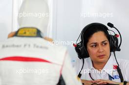 Monisha Kaltenborn (AUT) Sauber Team Principal and Esteban Gutierrez (MEX) Sauber (Left). 19.04.2013. Formula 1 World Championship, Rd 4, Bahrain Grand Prix, Sakhir, Bahrain, Practice Day