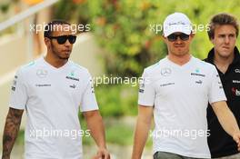 (L to R): Lewis Hamilton (GBR) Mercedes AMG F1 with team mate Nico Rosberg (GER) Mercedes AMG F1. 19.04.2013. Formula 1 World Championship, Rd 4, Bahrain Grand Prix, Sakhir, Bahrain, Practice Day