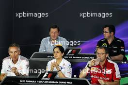 The FIA Press Conference (from back row (L to R)): Paul Hembery (GBR) Pirelli Motorsport Director; Eric Boullier (FRA) Lotus F1 Team Principal; Martin Whitmarsh (GBR) McLaren Chief Executive Officer; Monisha Kaltenborn (AUT) Sauber Team Principal; Stefano Domenicali (ITA) Ferrari General Director. 19.04.2013. Formula 1 World Championship, Rd 4, Bahrain Grand Prix, Sakhir, Bahrain, Practice Day