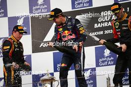 The podium (L to R): Kimi Raikkonen (FIN) Lotus F1 Team, second; Sebastian Vettel (GER) Red Bull Racing, race winner; Romain Grosjean (FRA) Lotus F1 Team, third. 21.04.2013. Formula 1 World Championship, Rd 4, Bahrain Grand Prix, Sakhir, Bahrain, Race Day