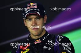 Race winner Sebastian Vettel (GER) Red Bull Racing in the FIA Press Conference. 21.04.2013. Formula 1 World Championship, Rd 4, Bahrain Grand Prix, Sakhir, Bahrain, Race Day