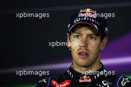 Race winner Sebastian Vettel (GER) Red Bull Racing in the FIA Press Conference. 21.04.2013. Formula 1 World Championship, Rd 4, Bahrain Grand Prix, Sakhir, Bahrain, Race Day