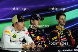 The FIA Press Conference (L to R): Kimi Raikkonen (FIN) Lotus F1 Team, second; Sebastian Vettel (GER) Red Bull Racing, race winner; Romain Grosjean (FRA) Lotus F1 Team, third. 21.04.2013. Formula 1 World Championship, Rd 4, Bahrain Grand Prix, Sakhir, Bahrain, Race Day